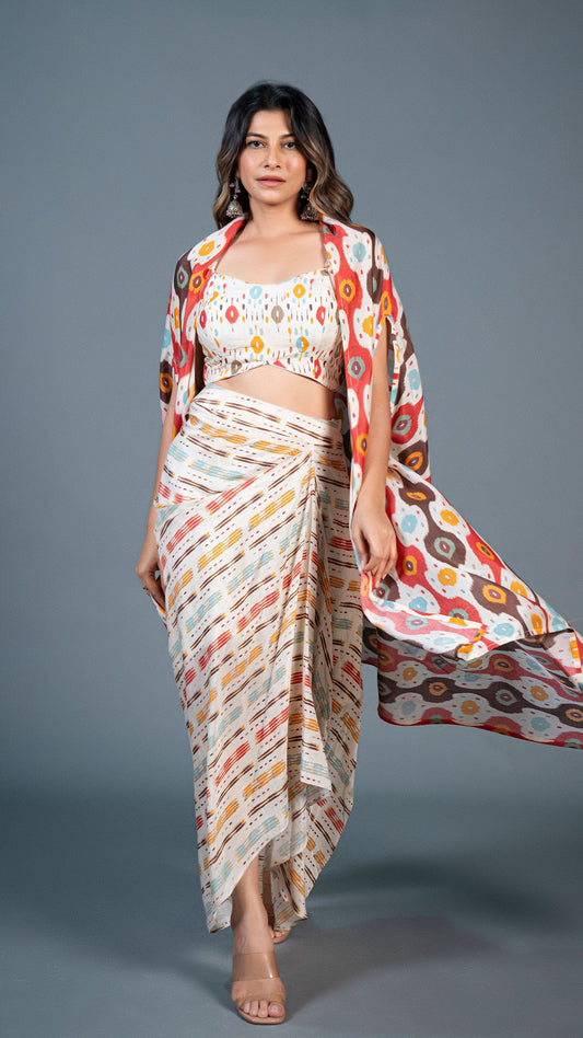 Off White Ikkat Print Drape Skirt Set In Cotton Silk
