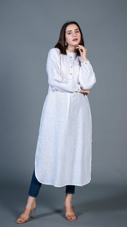 White Jabha Style Linen Kurta