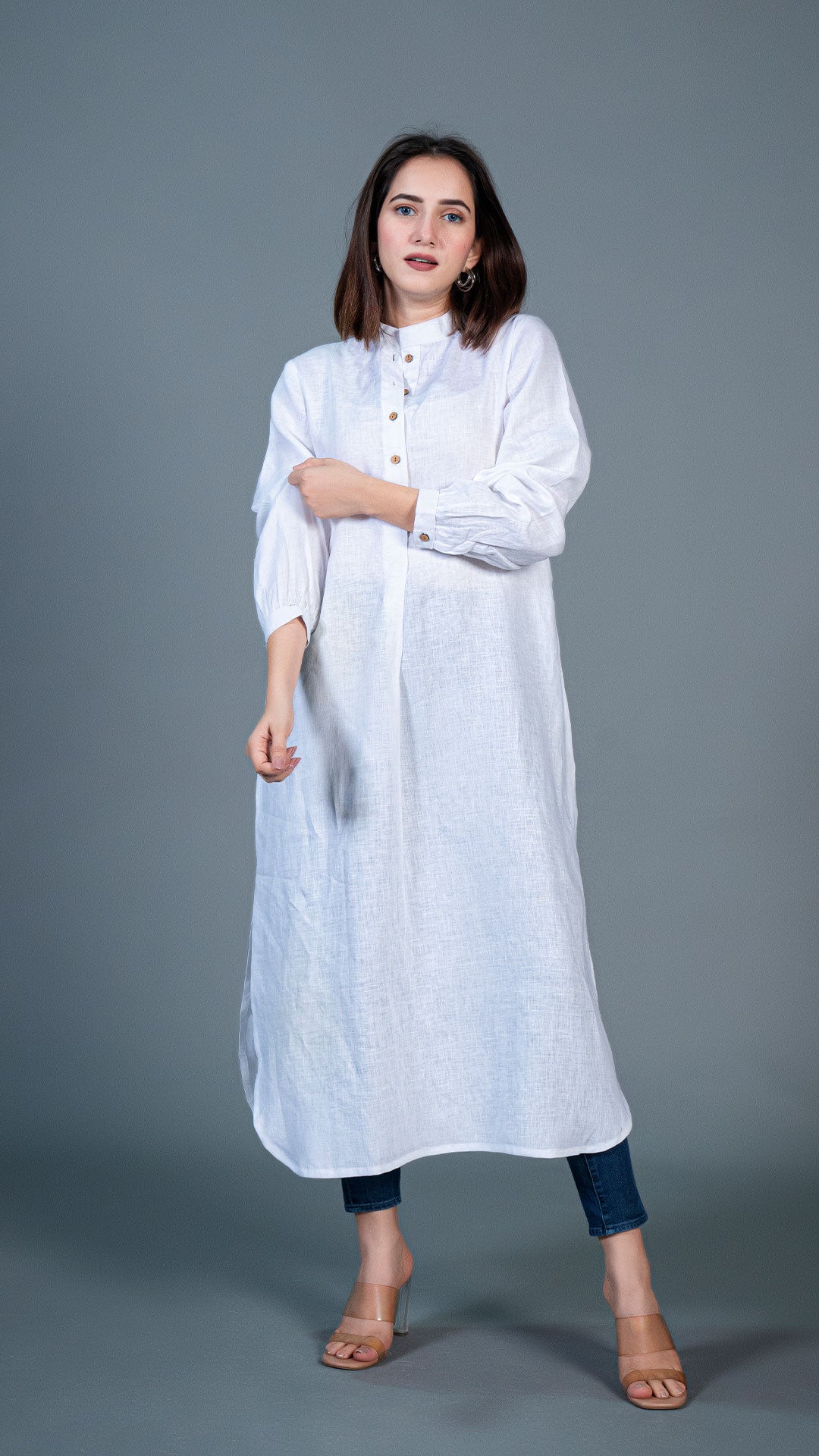 White Jabha Style Linen Kurta
