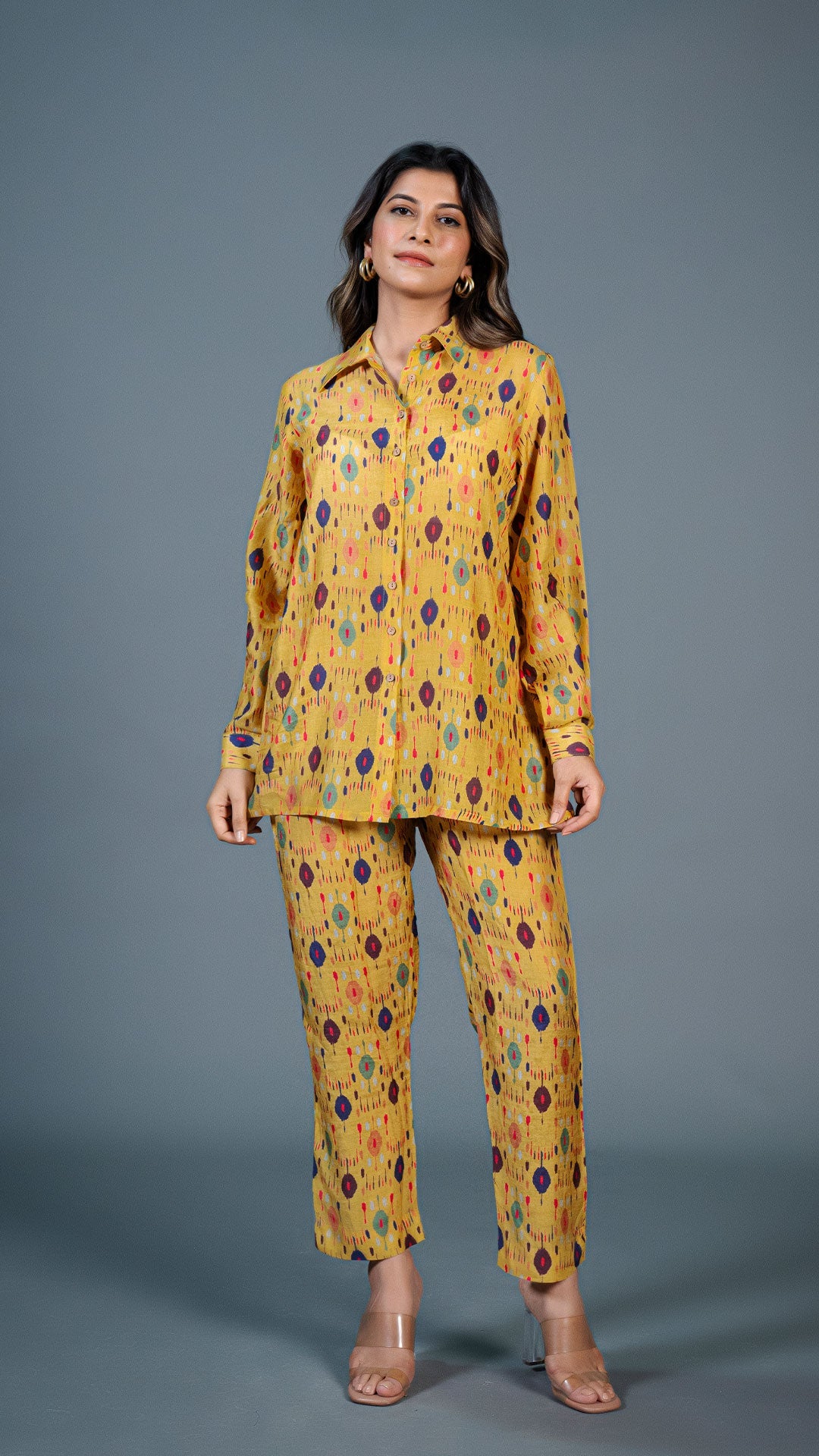 Yellow Ikkat Print Co-ord Set In Cotton Silk