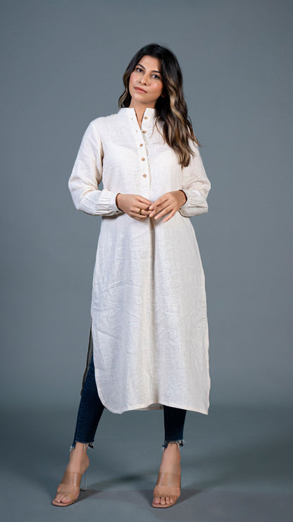 Beige Jabha Style Linen Kurta