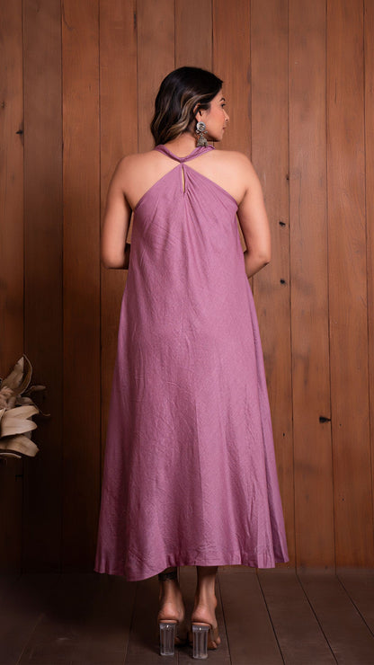 Mauve Halter Neck Flared Dress In Chanderi Silk