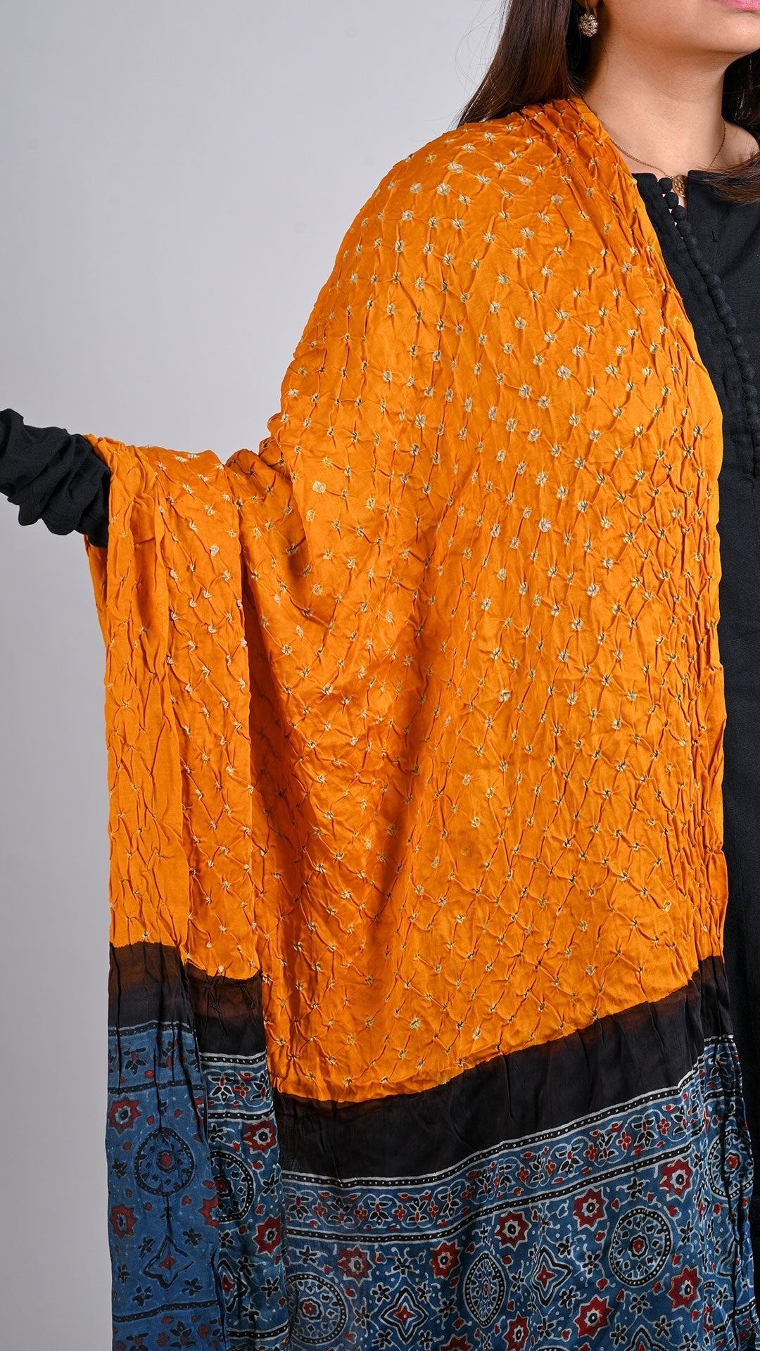 Yellow Bandhani Ajrakh Dupatta In Modal Silk
