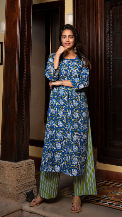 Kamya Sanganeri Hand Block Cotton Kurta In Blue