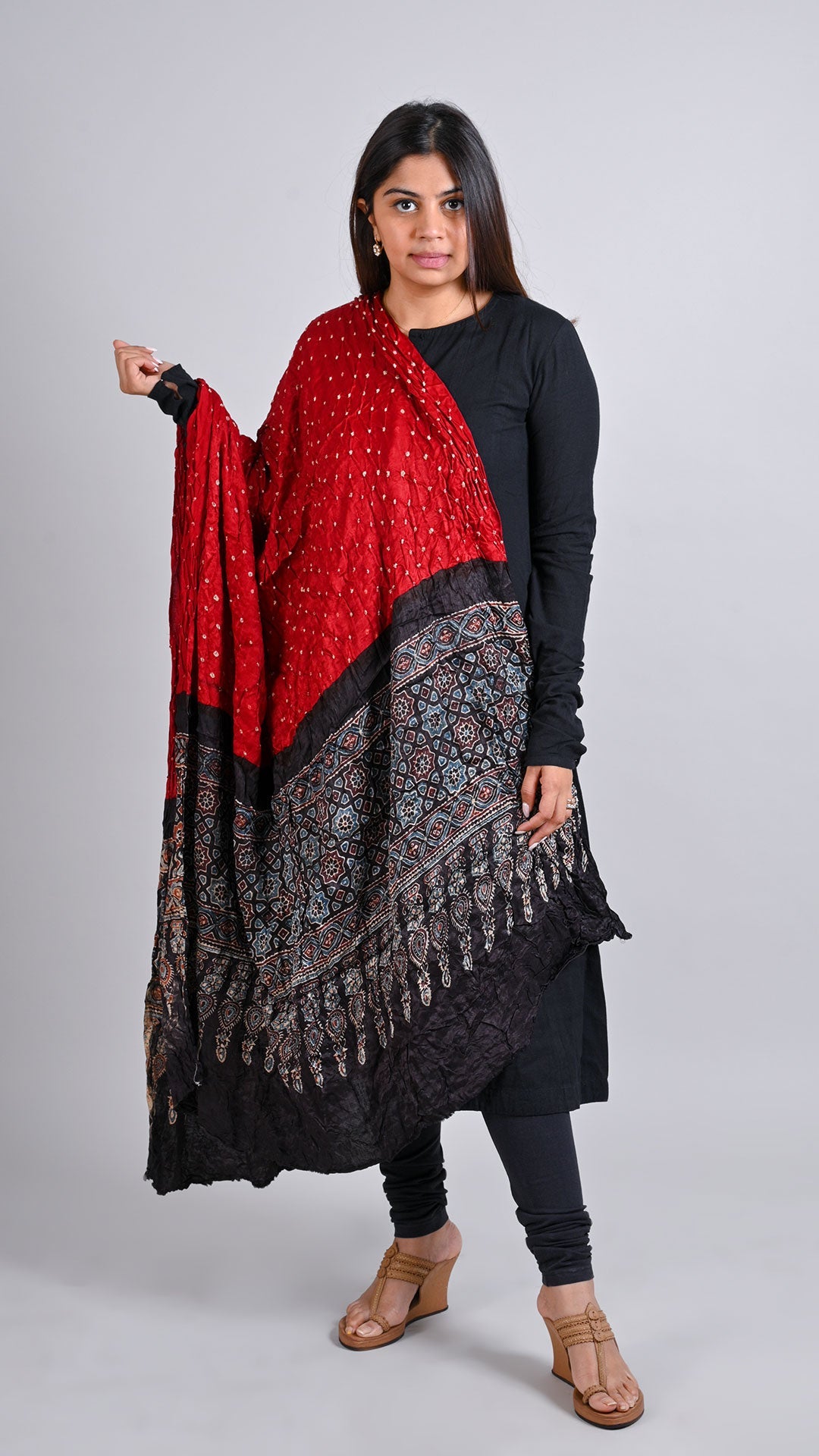 Red Bandhani Ajrakh Dupatta In Modal Silk
