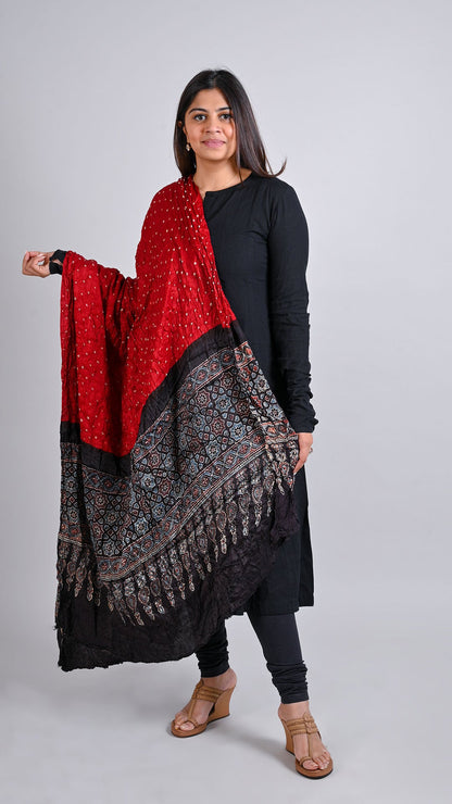 Red Bandhani Ajrakh Dupatta In Modal Silk
