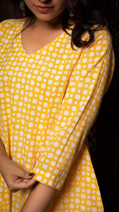 Yellow Polka Dots Sanganeri Hand Block Cotton Kurta