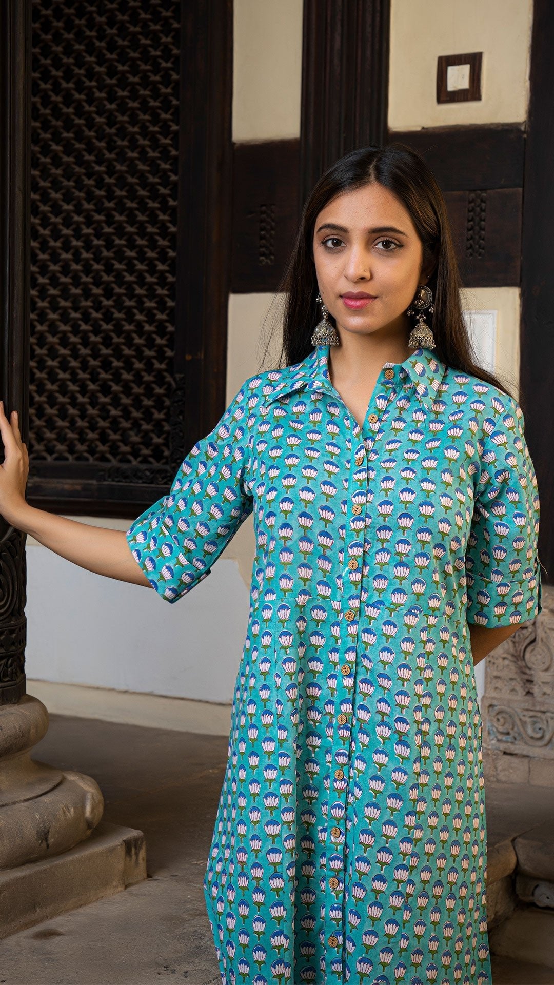 Saanvi Sanganeri Hand Block Cotton Shirt Dress