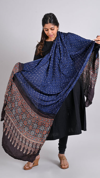 Navy Blue - Black Bandhani Ajrakh Dupatta In Modal Silk