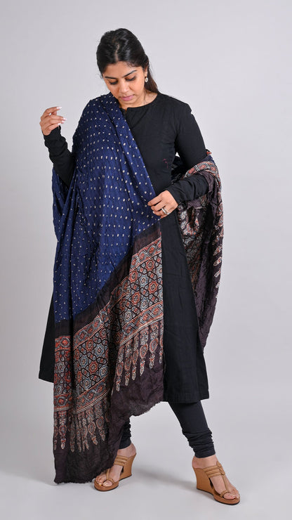 Navy Blue - Black Bandhani Ajrakh Dupatta In Modal Silk