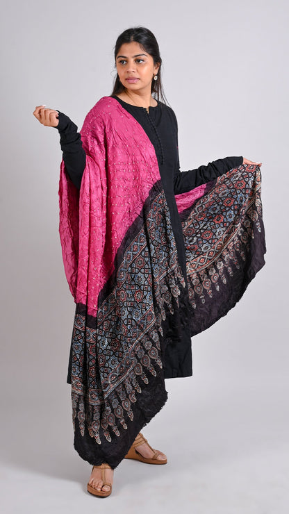 Pink - Black Bandhani Ajrakh Dupatta In Modal Silk