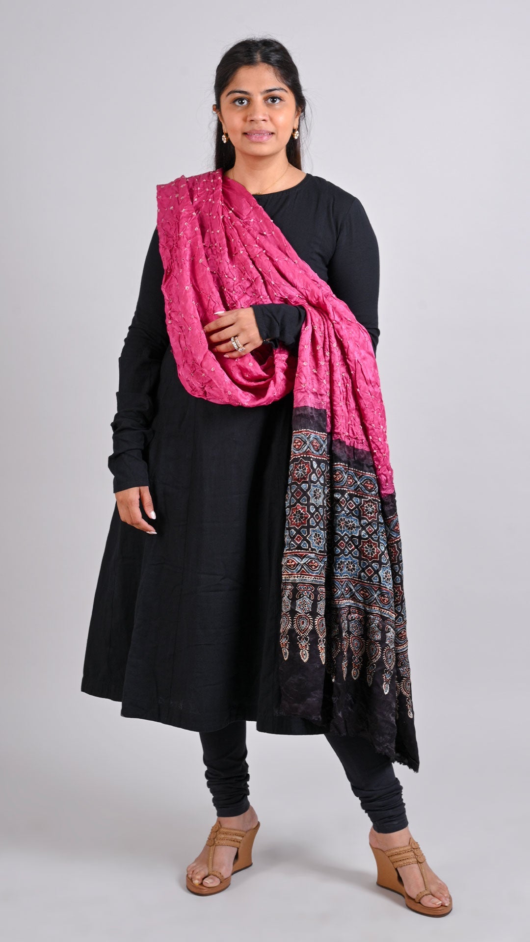 Pink - Black Bandhani Ajrakh Dupatta In Modal Silk