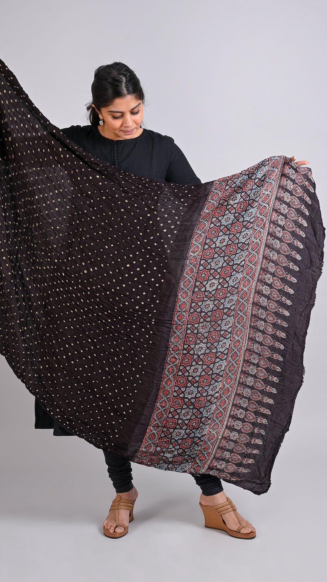 Black Bandhani Ajrakh Dupatta In Modal Silk