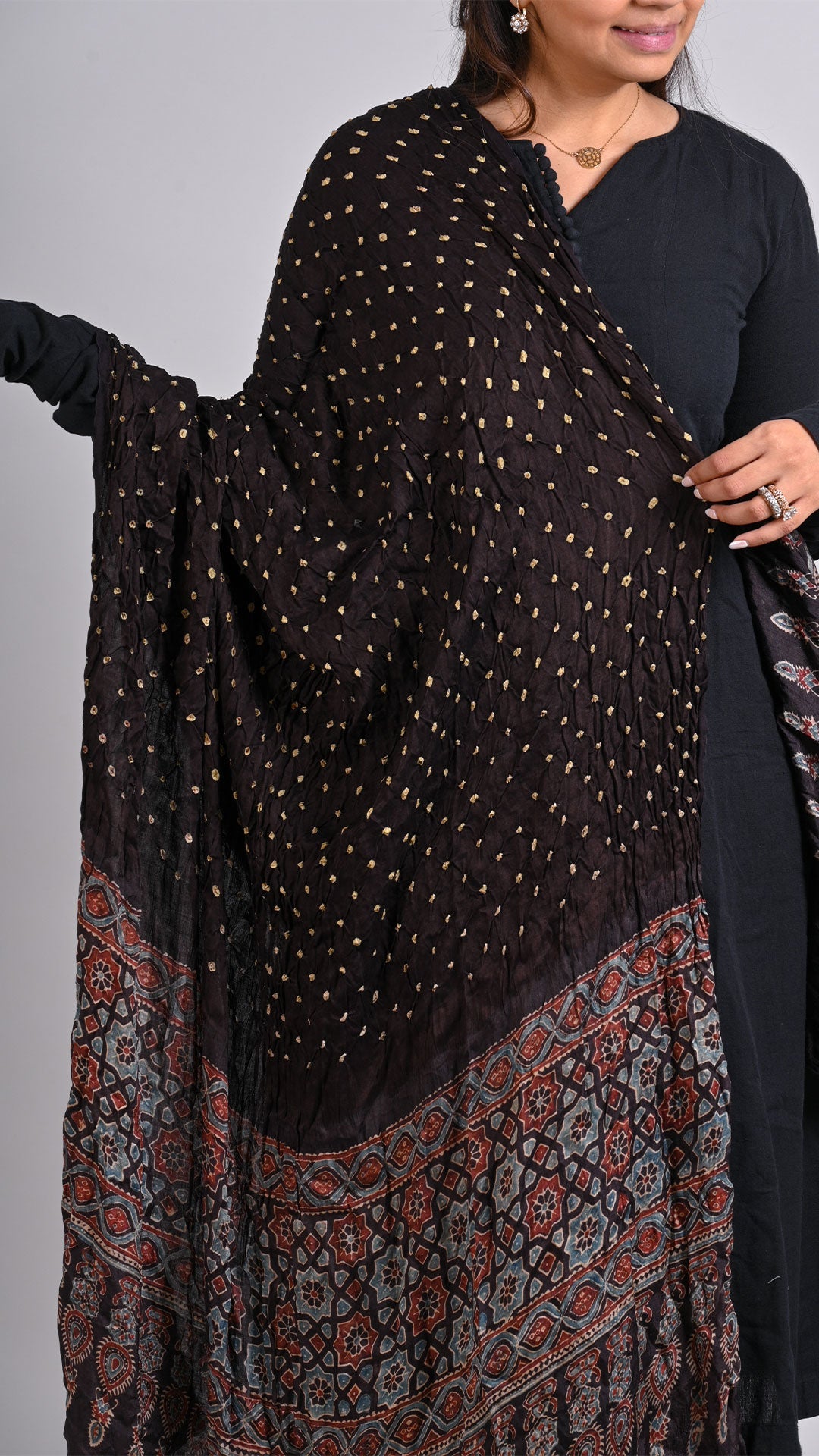 Black Bandhani Ajrakh Dupatta In Modal Silk