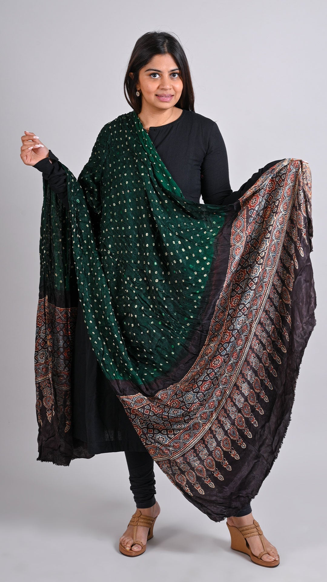 Bottle Green - Black Bandhani Ajrakh Dupatta In Modal Silk