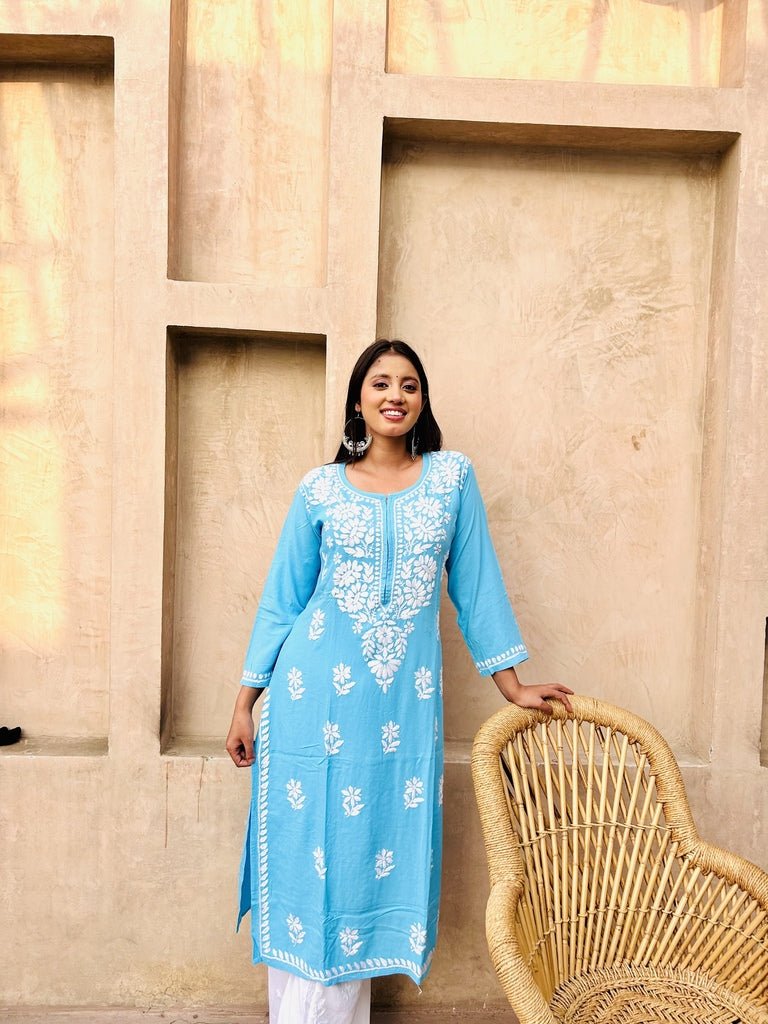 Premium rayon chikankari kurti in Sky blue