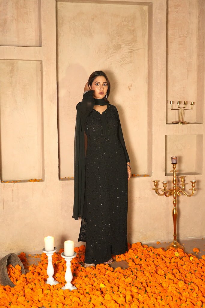 Noor Chikankari and mukaish work set in Black