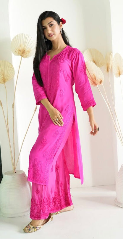 Gulbahar Chikanakri kurti in hot pink