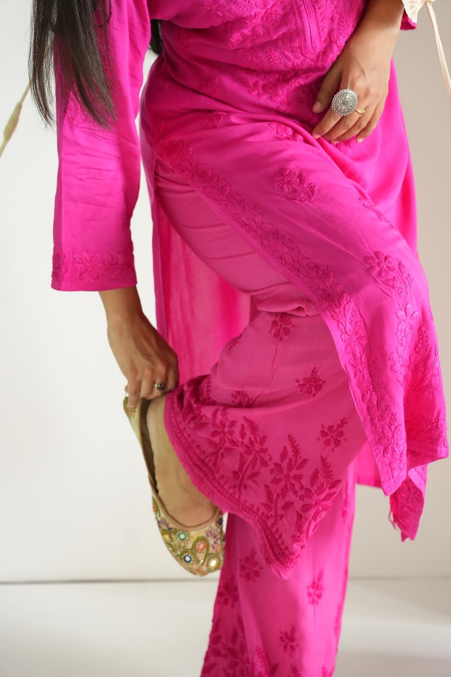 Gulbahar Chikanakri kurti in hot pink