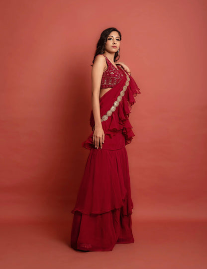 Marcella Embroidered Ruffle Ready to Wear Saree