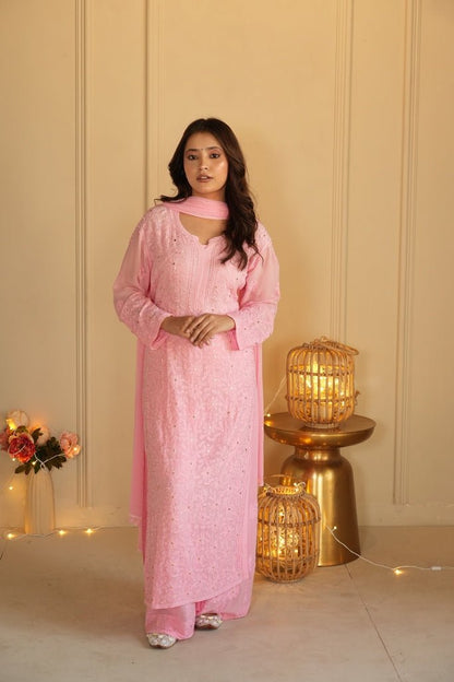 Noor Chikankari and mukaish work set in Pink