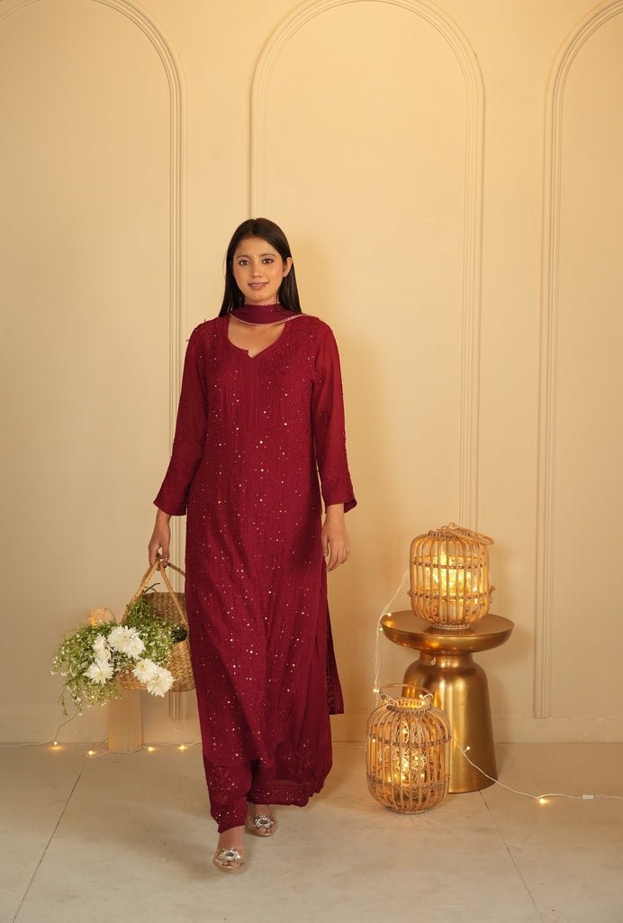 Noor Chikankari and mukaish work set in Maroon