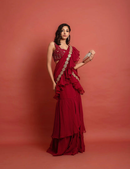 Marcella Embroidered Ruffle Ready to Wear Saree