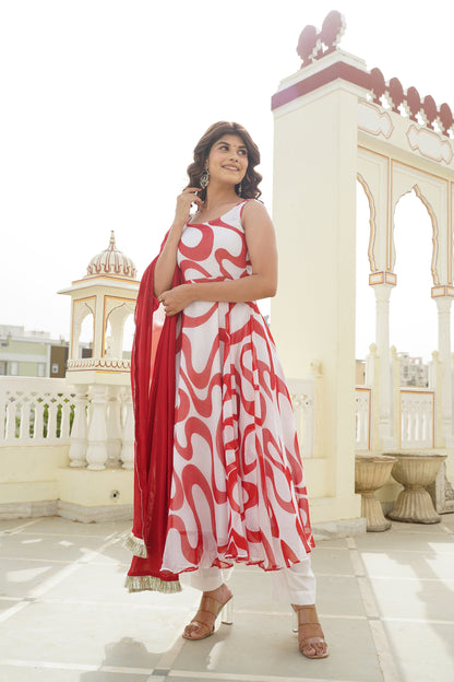 Cherry Red and White Anarkali