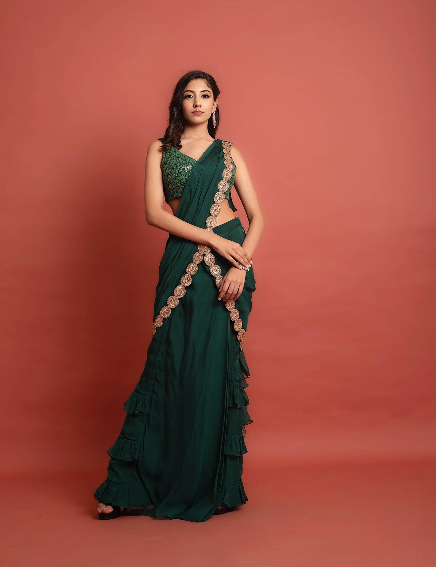 Green Embroidered Ready to Wear Saree