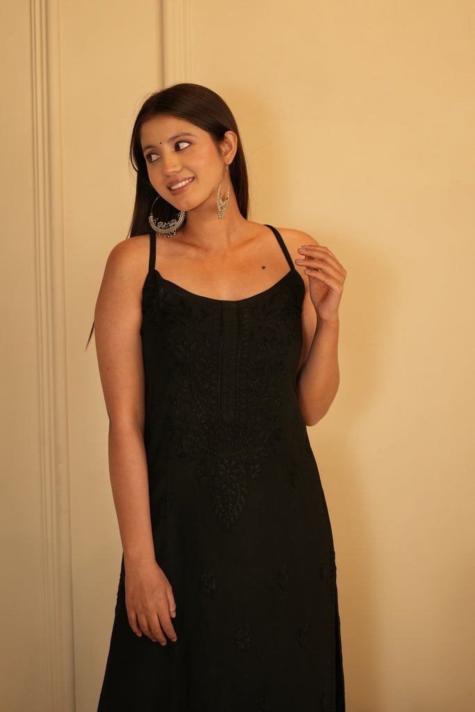 Zia noodle strap chikankari Kurti in black