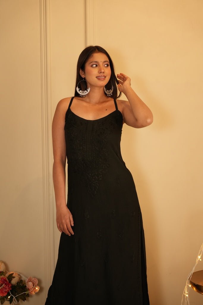 Zia noodle strap chikankari Kurti in black