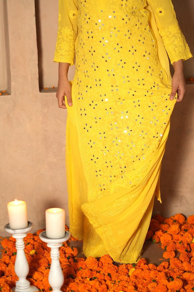 Inara chikankari and mirror work kurti in Yellow